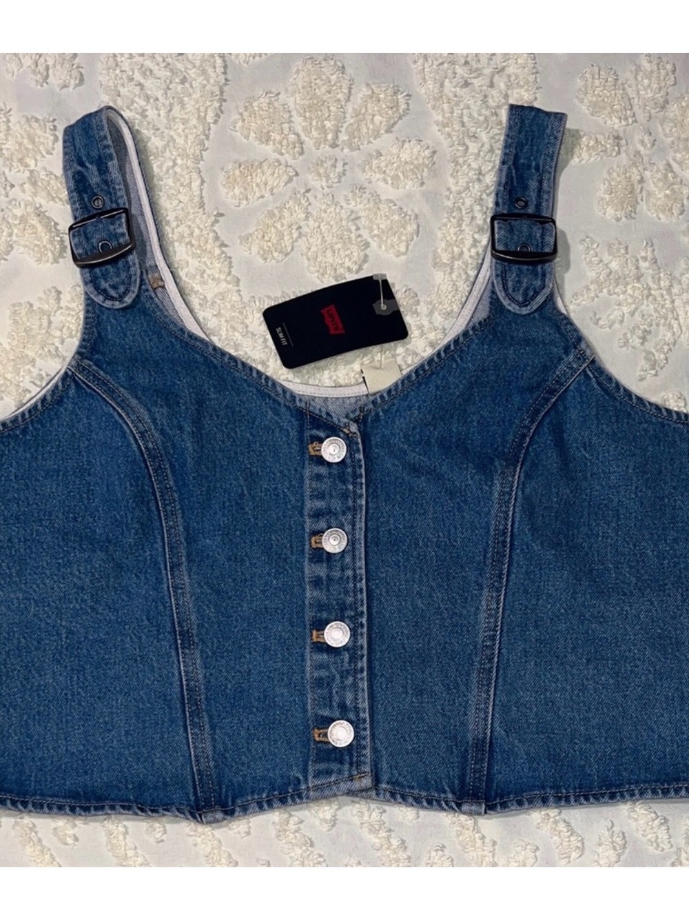 Denim Button-Up Crop Top Vest - Picture 2 of 3